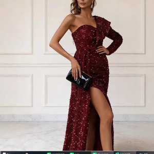 Vestido de noche largo con lentejuelas, sin tirantes, asimétrico, con cintura imperio, para fiesta o banquete. - Product Image 2
