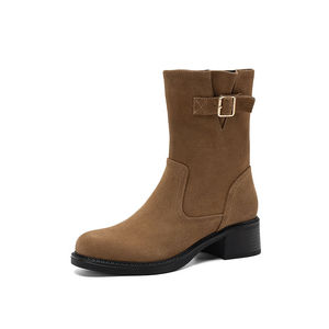 Bottes mi-<span class=keywords><strong>mollet</strong></span> vintage en daim de vache pour femme, collection automne-hiver 2026, avec boucle de ceinture tendance, bout rond, talons mi-hauts de 4,5 <span class=keywords><strong>cm</strong></span>, style western, tailles <span class=keywords><strong>42</strong></span> - Product Image 5