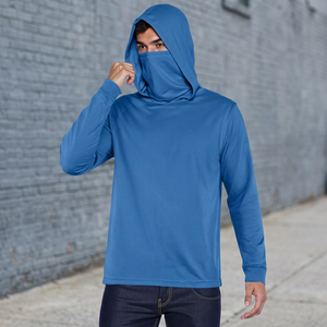 <b>Men's</b> Blue UPF 50 Polyester Hoodie Long Sleeve Anti-UV Fishing Wear Pullover Solid Color Face Covering Top - Product Image 4