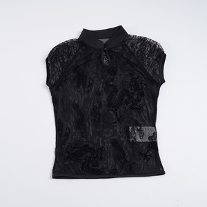Haut sexy noir à imprimé dragon pour femme, en maille transparente à manches courtes avec col mandarin, style gothique chinois 2026 - Product Image 6