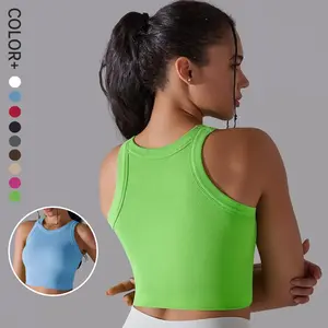 SHINBENE Sports Crop Tank Tops Basic Women Seamless Ribbed Round High Neck Workout Top Casual Yoga Gym Vest