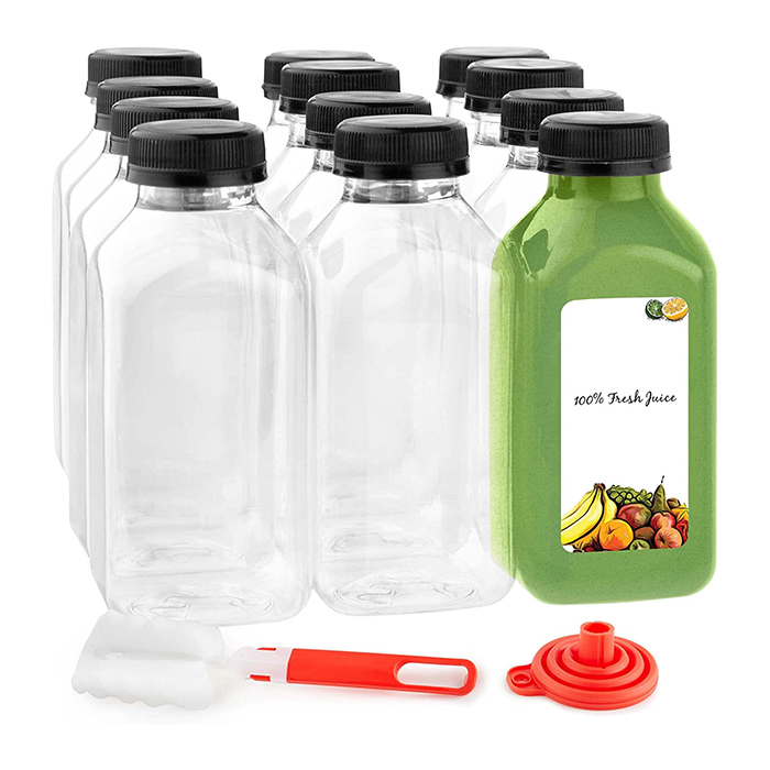 12 унций Пустые пластиковые ПЭТ квадратные бутылки для сока с крышками для соковыжимания, смузи, питья