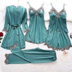 Ensemble de pyjama en velours doré et dentelle pour femme, 5 pièces, tailles S-3XL, avec robe de nuit, débardeur à col en V, taille élastique, en polyester respirant, pour le printemps - Product Image 2