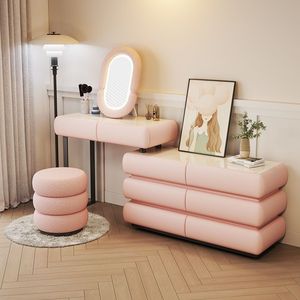 Creamy Style Beige Solid Wood Rock Slab <b>Dressing</b> <b>Table</b> - High-Grade Bedroom <b>Makeup</b> Desk with Integrated Storage Chest - Product Image 2