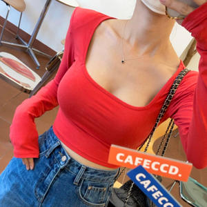 <span class=keywords><strong>Camiseta</strong></span> de manga larga con almohadilla de hombro corta informal para mujer Nuevo diseño de cuello cuadrado sexy Delgado - Product Image 3