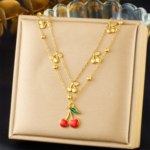 Cute Cherry Pendant Double Layered Necklace Zinc Alloy Chain Women Fashion Jewelry - Product Image 1