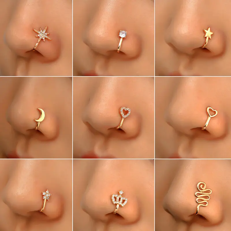 तांबा भेदी नाक अंगूठी दिल स्टार क्राउन क्लिप महिलाओं के शरीर के गहने के लिए नाक कान क्लिप गिरफ्तार बाली पर nariz
