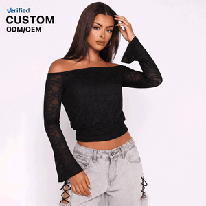 T-<span class=keywords><strong>shirt</strong></span> de luxe personnalisé pour femme, nouveau modèle tendance, à épaules dénudées, <span class=keywords><strong>manches</strong></span> <span class=keywords><strong>longues</strong></span>, sexy, coupe ajustée, en maille et <span class=keywords><strong>dentelle</strong></span>, idéal pour les soirées - Product Image 1