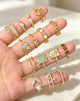 Cincin Terbuka Berlapis Emas Motif Bunga Sayap Bergaya, Cincin Jari Tumpuk yang Dapat Disesuaikan dengan Zirkon untuk Wanita