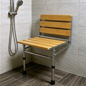 <b>Folding</b> Shower <b>Stool</b> Wooden Stainless Steel Wall Mounted 33x40x54cm Bathroom Seat With Backrest - Product Image 2