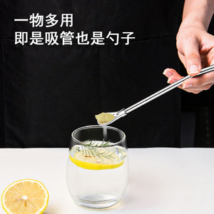 Stainless Steel <b>Straw</b> Spoon Set Straight And Curved With Cleaning Brush <b>Reusable</b> For Milk Tea Coffee Stirring - Product Image 4