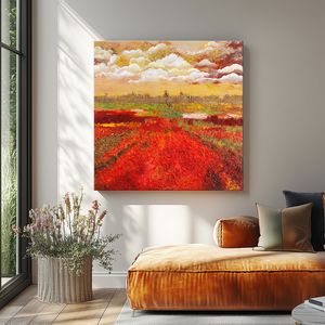 Peinture à l'huile sur toile texturée, paysage moderne peint à la main, coucher de soleil, champ de <span class=keywords><strong>fleurs</strong></span> rouges, Impasto, art mural, décoration d'intérieur haut de gamme - Product Image 2