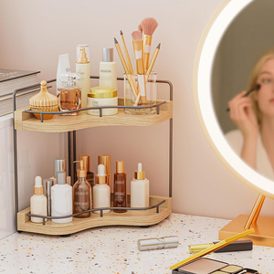 Organizzatore da Bagno a 2 Livelli a Forma di Ventaglio, Rustico, con Fori per Viti Incorporati, Stabile e Sicuro, Mensola in Legno per Trucchi - Product Image 2