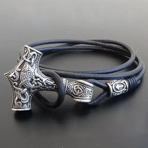 Viking Gelang Kulit Antik Thor 'S Hammer Kalung Fashion Pria Viking Perhiasan untuk Pria