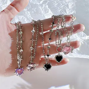 Y2K kalung liontin hati kristal ungu untuk wanita rantai leher Punk perempuan keren manis hadiah perhiasan estetika kalung mode 2023