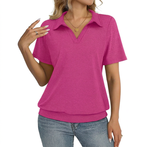 Polo de punto de manga corta rosa liso para mujer, de longitud regular, teñido liso, camiseta polo de moda, OEM ODM - Product Image 1
