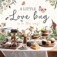 Décor de fête prénatale : Fond de scène « Un petit insecte amoureux est en route » avec motifs floraux et feuilles de jardin pour photographie et décoration de fête de bébé