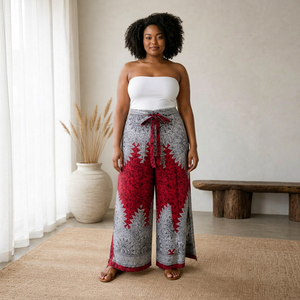Pantalones Anchos Bohemios IYARA T001, Cintura Alta, Estampado Geométrico, Rojo Gris, Rayón, Verano, Corte Regular, Elásticos y Transpirables - Product Image 1