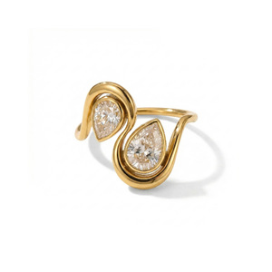 Bague haut de gamme plaquée or 18 carats avec double goutte d'eau en zircon, lignes ondulées, acier inoxydable, tendance, simple, étanche, bijoux pour femmes - Product Image 1