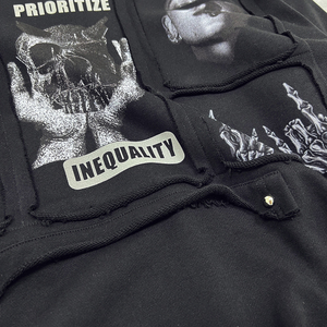 เสื้อมีฮู้ดผ้าฝ้ายสีดำสุดหรูจากดีไซเนอร์เสื้อมีฮู้ดปักลายงานเย็บปะติดแบบบ็อกซี่มีไหล่โอเวอร์ไซส์ - Product Image 4