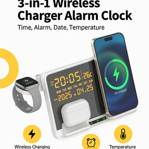 新产品创意 3合1无线充电 15W快速便携式充电器 带夜灯 温度湿度闹钟显示 - Product Image 3