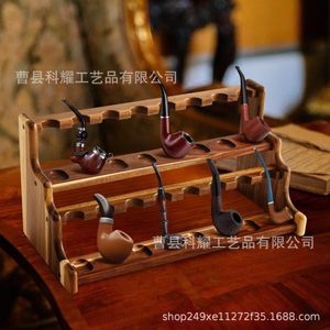 Wooden Pipe Rack <b>Desktop</b> Solid Wood Two Layer Storage <b>Shelf</b> For Smoking Pipes Brown Color - Product Image 4