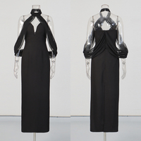 Nouvelle Robe Longue Élégante Noire en Chiffon à Manches Cape pour Femme, Col Halter Sans Manches, pour Soirée Gala et Fête, Style Sexy et Raffiné, Vente en Gros
