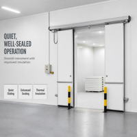 Porte coulissante double pour chambre froide, grande ouverture, isolée, avec rail partagé robuste