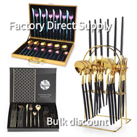 Ensemble de couverts portugais en acier inoxydable OEM/ODM Dingyong Factory, doré, 24 pièces, couteau, fourchette, cuillère, poli miroir, 410, coffret cadeau pour les fêtes