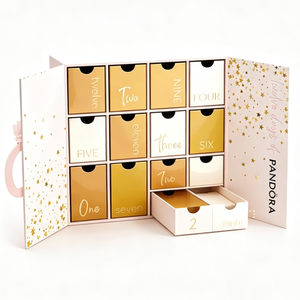Boîte cadeau rose doré à 12 tiroirs avec poignée en ruban pour bijoux et petites surprises, calendrier de l'avent personnalisé pour bijoux - Product Image 1