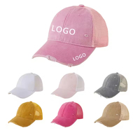 Gorra de Béisbol Personalizada de 6 Paneles con Malla Lavada, Bordado a Mano y Efecto Desgastado