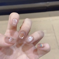Faux ongles à presser pour femmes, nude transparent, courts carrés, brillants, avec motif ours et points arc-en-ciel, pour détails fins et style minimaliste, vente en gros