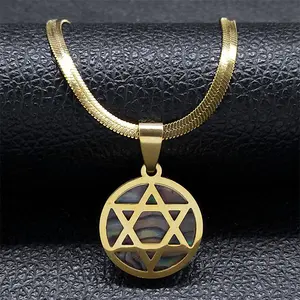 Stainless Steel Gold Plated Shell Round David Star Jewish Star Pendant Necklaces Religious Star Of David Necklace For Men Boys