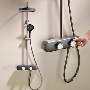 Ensemble <span class=keywords><strong>de</strong></span> <span class=keywords><strong>douche</strong></span> <span class=keywords><strong>de</strong></span> luxe gris bronze chromé avec mitigeur thermostatique à poignée unique, système <span class=keywords><strong>de</strong></span> <span class=keywords><strong>douche</strong></span> pluie en laiton massif, douchette à main et <span class=keywords><strong>barre</strong></span> <span class=keywords><strong>de</strong></span> massage coulissante - Product Image 1