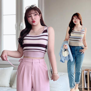 Runqi N8604 Camisole rayée grande taille bleue en polyester d'épaisseur moyenne pour femme - Product Image 2