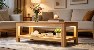 Table basse moderne en bois massif avec étagère de rangement, meubles de salon scandinaves, finition naturelle, table d'appoint basse - Product Image 2