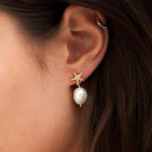 Moda perla brillante chapado en oro lindo diseño de estrella de mar pendientes mujeres 925 gota colgante perla pendiente joyería regalo - Product Image 2