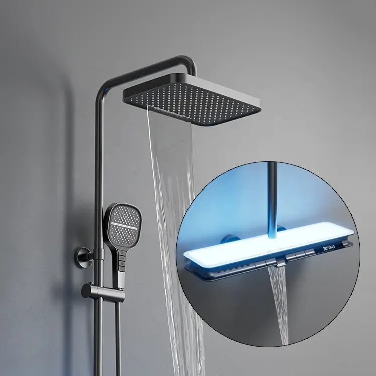 Lüks piyano dijital duş sistemi pirinç banyo musluk sıcak soğuk banyo fikstür LED gri termostatik duş seti