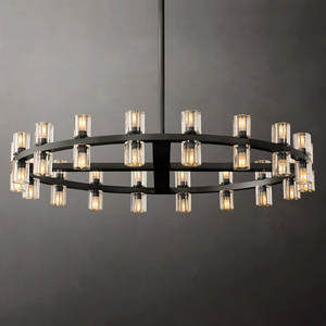 Lustre rond noir bronze de 48 pouces pour villa, style industriel américain, grandes suspensions LED en laiton et verre pour salon - Product Image 1