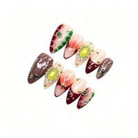 Nieuwe stijl ABS volledig handgemaakte vintage wijnrode gradiënt metallic spangles parelversierde puntige opzetnagels