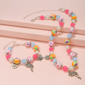 Pendentif de fleur de papillon de flamant rose pour enfants, Bracelet collier de poterie douce, <span class=keywords><strong>boule</strong></span> de perles, ensemble de collier - Product Image 3
