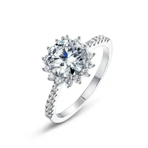925 Sterling Silver Halo Zirconia Flower Shape Diamond Moissanite Ring 8mm 1 2 Carat For Women Wedding Rings