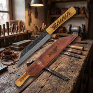 Couteau de chasse à lame en acier au carbone, manche en bois, pointe tombante, bord droit, avec étui en cuir, personnalisable OEM - Product Image 3