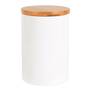 Pot rond en céramique scellé avec couvercle en bambou et joint en silicone, pot simple blanc portable, pot de rangement pour bonbons et thé - Product Image 5