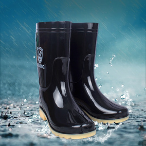 Men's Mid-Calf Rain Boots <b>Black</b> Plastic Non-Slip Work Boots <b>Low</b> <b>Heel</b> Medium Tube Solid Color - Product Image 1