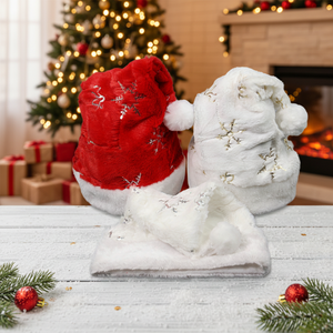 Cappello <span class=keywords><strong>di</strong></span> Babbo <span class=keywords><strong>Natale</strong></span> Moderno con Stampa Serigrafica, Paillettes e Fiocchi <span class=keywords><strong>di</strong></span> Neve, in Morbido Tessuto Peluche per Adulti e Bambini - Product Image 1