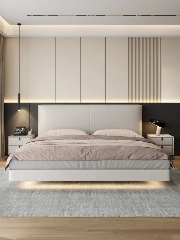 Nieuw Italiaans Licht Luxe Lederen Bed Moderne Eenvoudige Slaapkamer 1.8M Tweepersoonsbed Gestoffeerd Massief Houten Bed