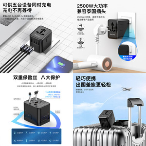 OULiYO Travel Adapter 3 Type-<b>C</b> Ports Universal Plug PD Fast <b>Charging</b> All In One - Product Image 4