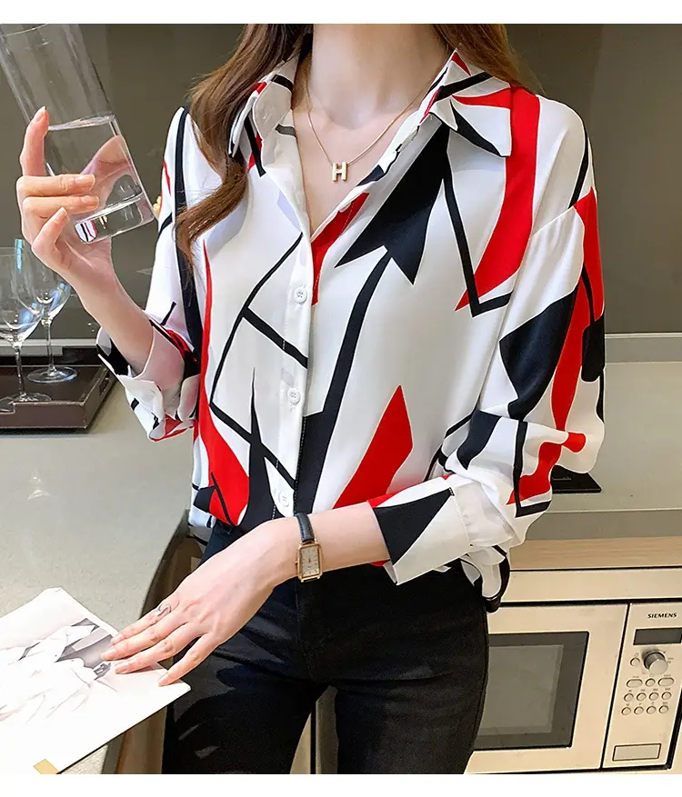 Blusas de mujer Office Lady OL Work Camisas de manga larga Turn-Down Collar Tops Moda Casual Raya roja Estampado Mujer Camisa delgada