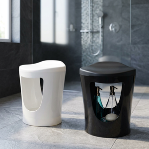 Tabouret de rangement multifonctionnel en plastique avec couvercle, design minimaliste rond noir et blanc, 1 couche, moulé par injection - Product Image 4